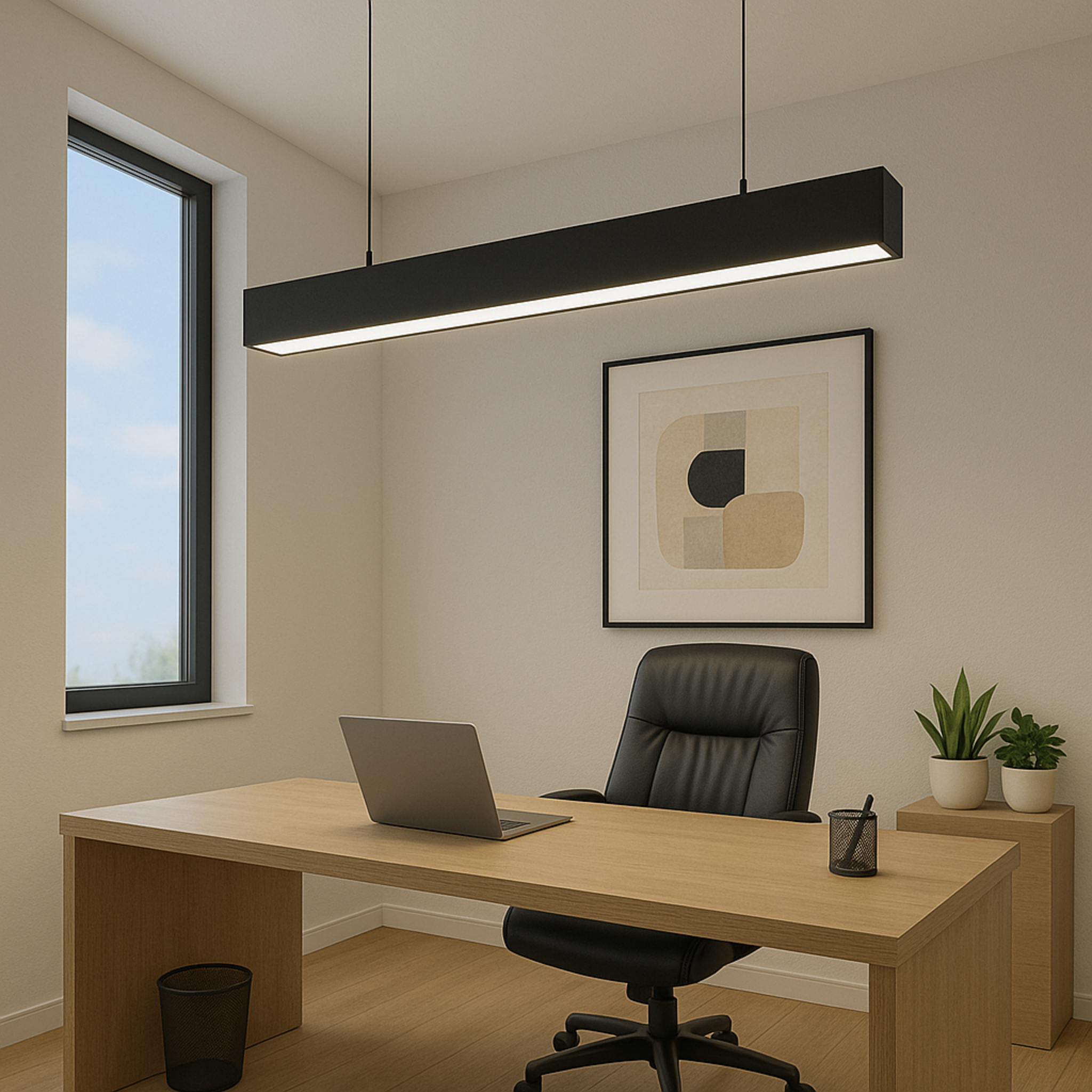 Oficina iluminada con lámpara colgante